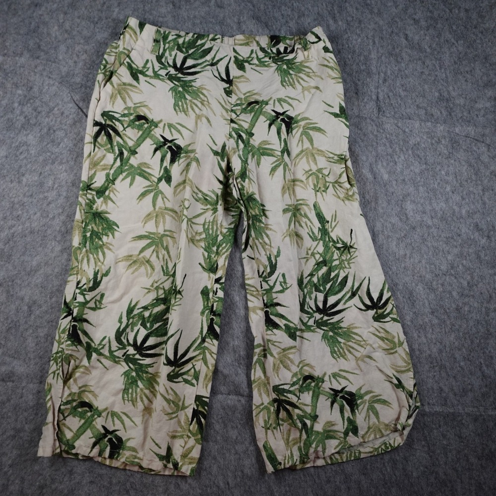 J Jill‎ Pants Womens Medium Petite Green Bamboo Print Linen Blend Wide Leg Crop